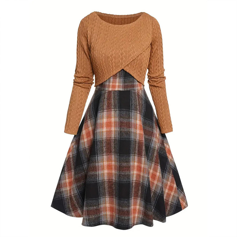 Elegant rutig klänning och crop top-set för kvinnor