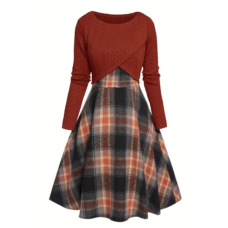 Elegant rutig klänning och crop top-set för kvinnor