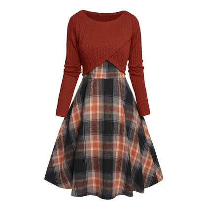 Elegant rutig klänning och crop top-set för kvinnor