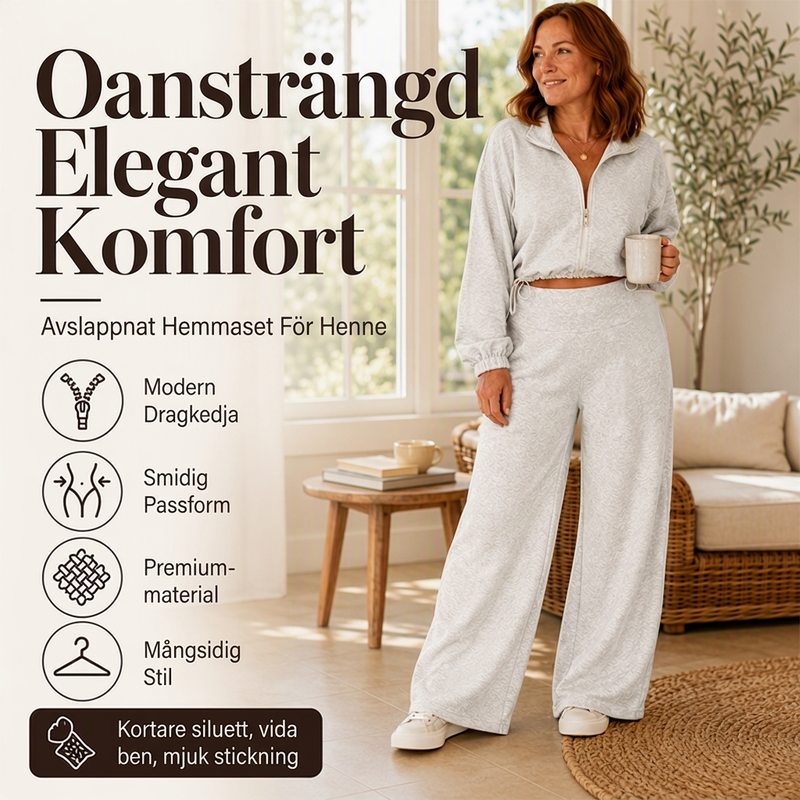 Damset med kort dragkedja-tröja och vida byxor