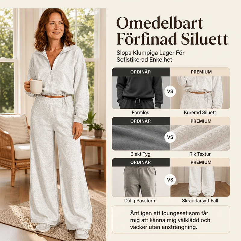 Damset med kort dragkedja-tröja och vida byxor