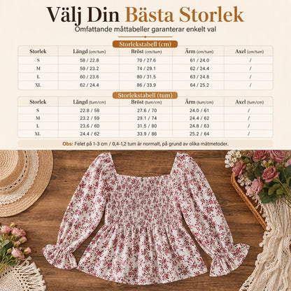 Lös blus i chiffong för kvinnor med fyrkantig urringning, blommönster och volymärmar – perfekt för semestern
