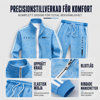 Herrset med hel dragkedja: jacka och byxor med geometriskt tryck
