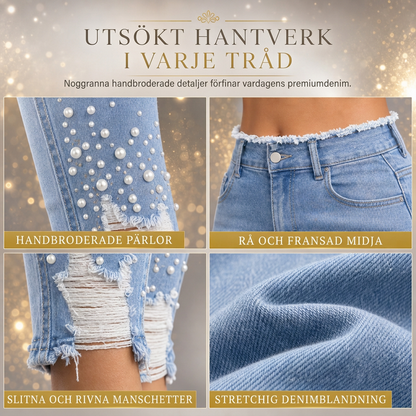 Ljusblå smala skinnyjeans för kvinnor med pärlbesättning, oförarbetad och nöjad midje samt slitage och riffiga fotutsvängar