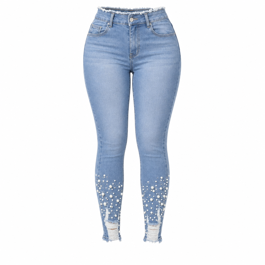 Ljusblå smala skinnyjeans för kvinnor med pärlbesättning, oförarbetad och nöjad midje samt slitage och riffiga fotutsvängar