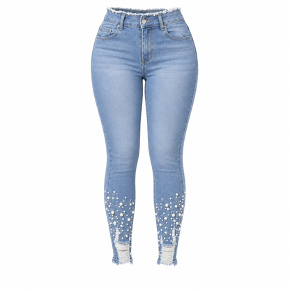 Ljusblå smala skinnyjeans för kvinnor med pärlbesättning, oförarbetad och nöjad midje samt slitage och riffiga fotutsvängar