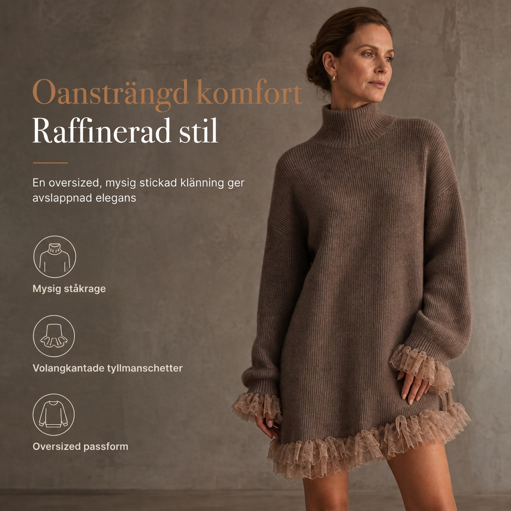 ✈️Fri frakt🔥 50 % RABATT UNDER BEGRÄNSAD TID! 👗 Oversize-tröjklänning med hög krage och volanger i tyll – varm, feminin och elegant ✨