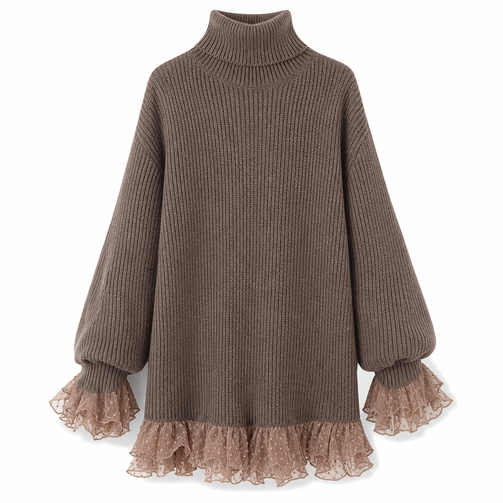 ✈️Fri frakt🔥 50 % RABATT UNDER BEGRÄNSAD TID! 👗 Oversize-tröjklänning med hög krage och volanger i tyll – varm, feminin och elegant ✨