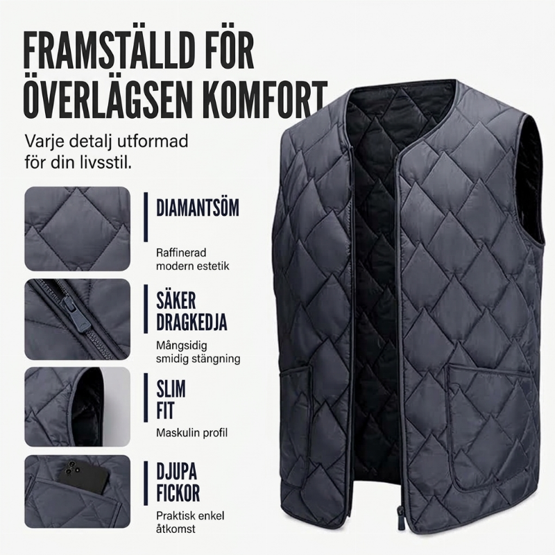 Varmt vinterväst i diamantkviltat tyg för män