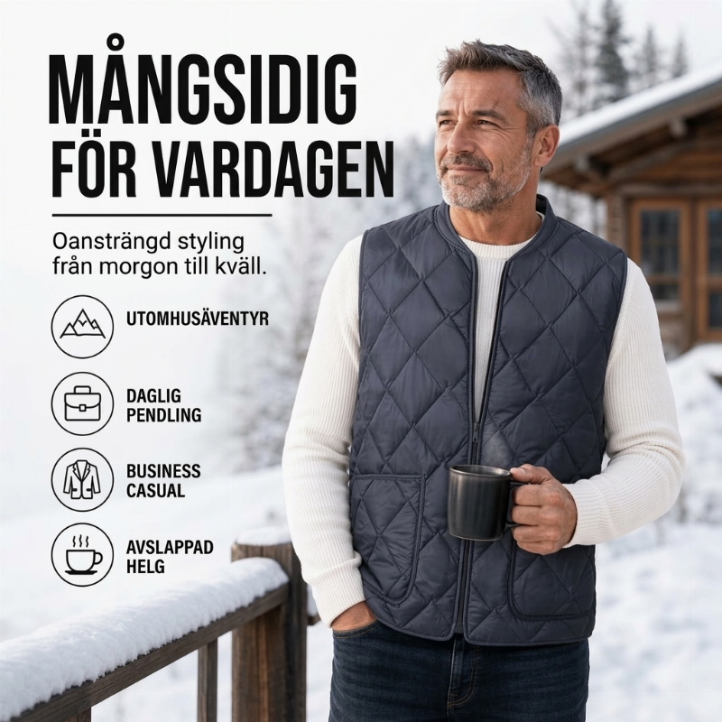 Varmt vinterväst i diamantkviltat tyg för män