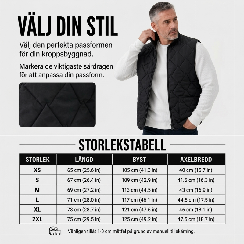 Varmt vinterväst i diamantkviltat tyg för män