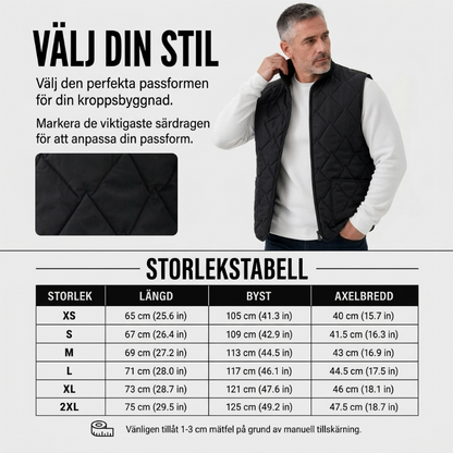 Varmt vinterväst i diamantkviltat tyg för män