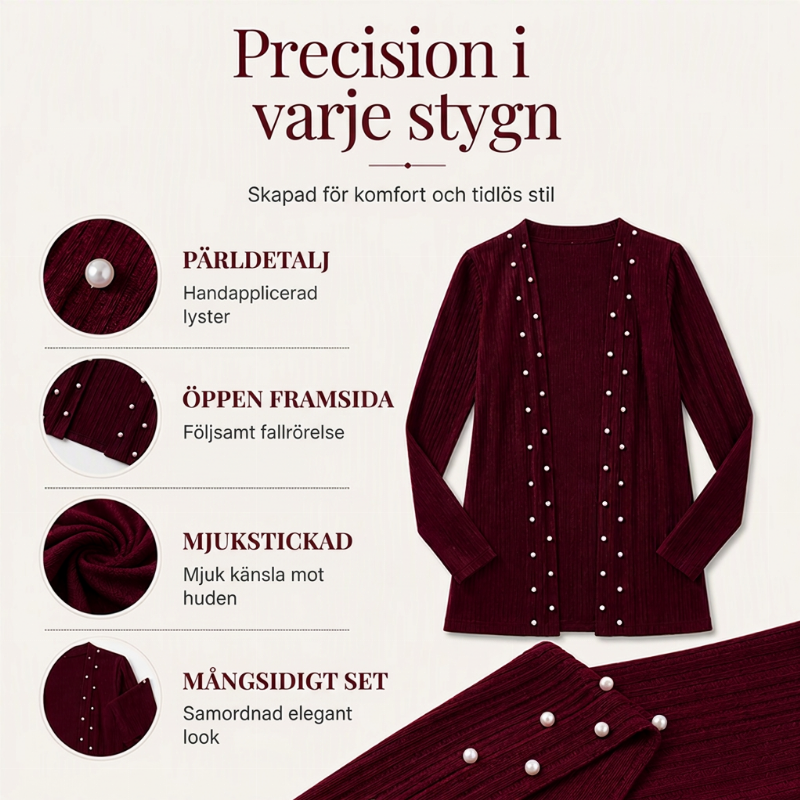 Kvinnig stickad kofta med pärlbroderi