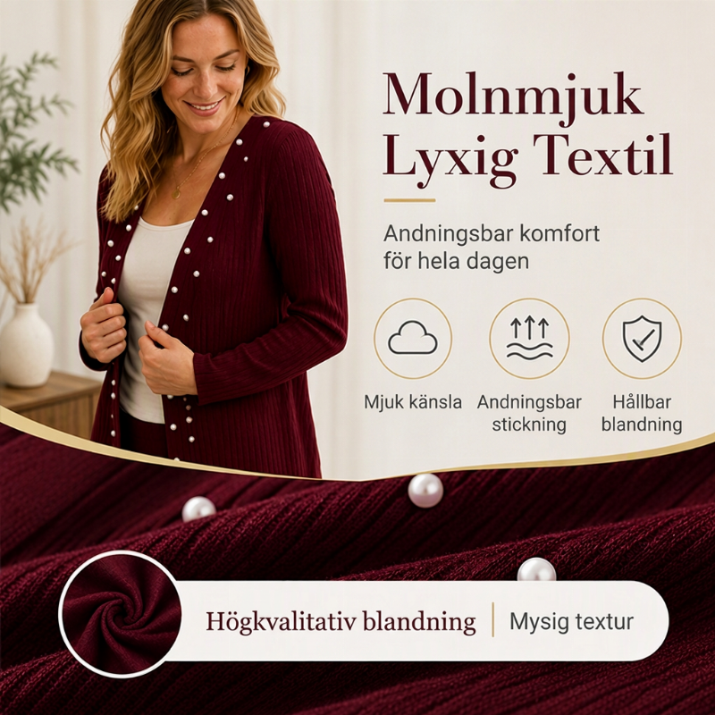 Kvinnig stickad kofta med pärlbroderi