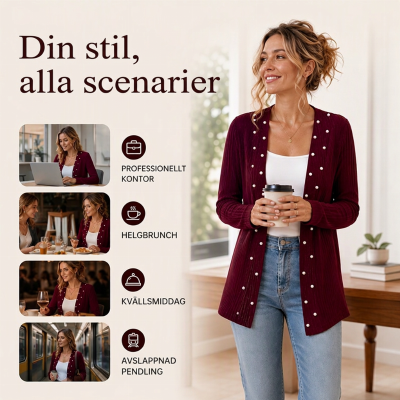 Kvinnig stickad kofta med pärlbroderi