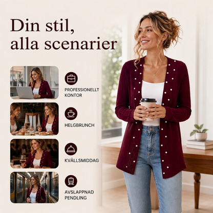 Kvinnig stickad kofta med pärlbroderi