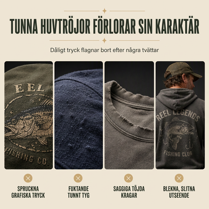 Herr retro fiske-grafisk luvtröja, avslappnad passform, mjuk fleece-sweatshirt i blandad bomull med kängficka