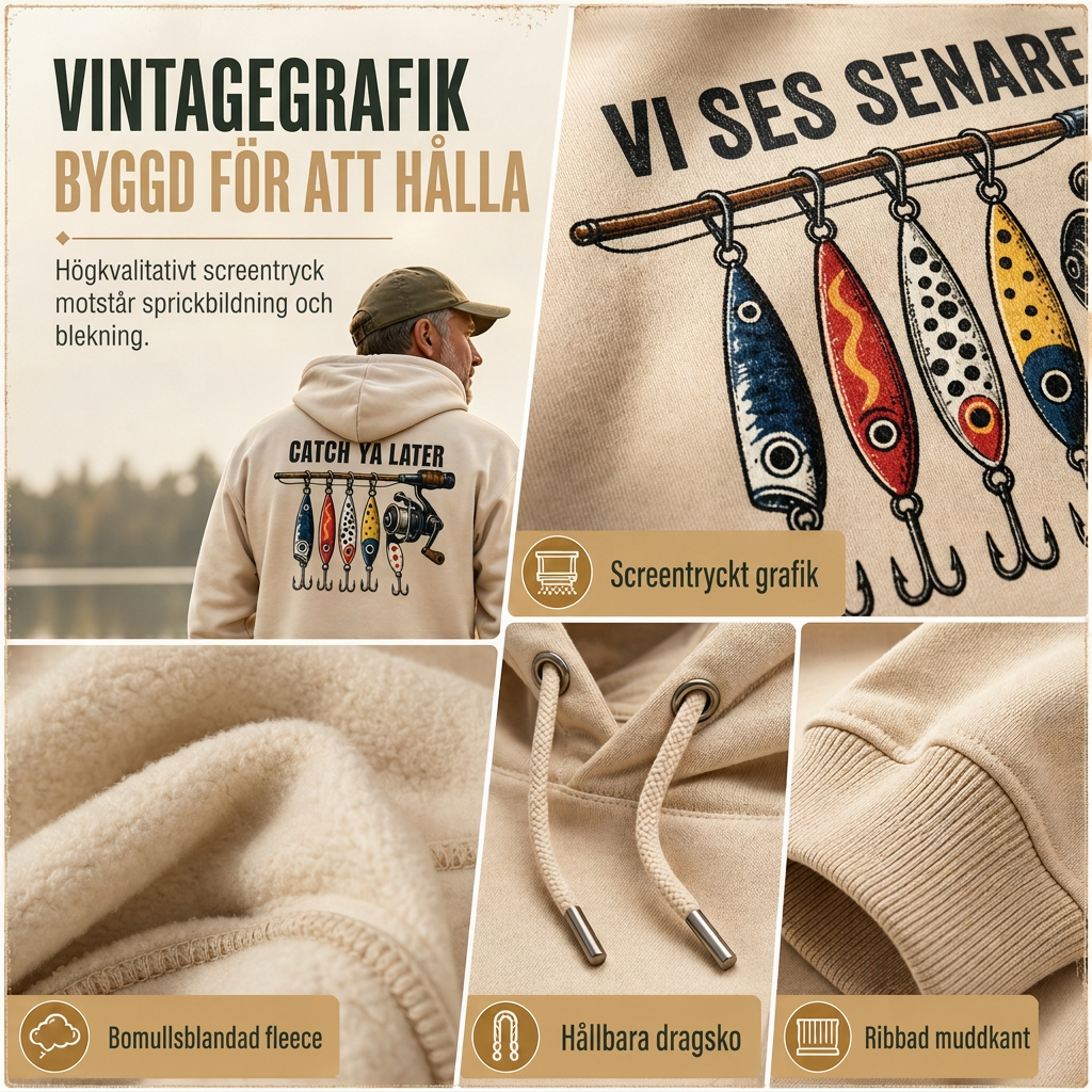 Herr retro fiske-grafisk luvtröja, avslappnad passform, mjuk fleece-sweatshirt i blandad bomull med kängficka