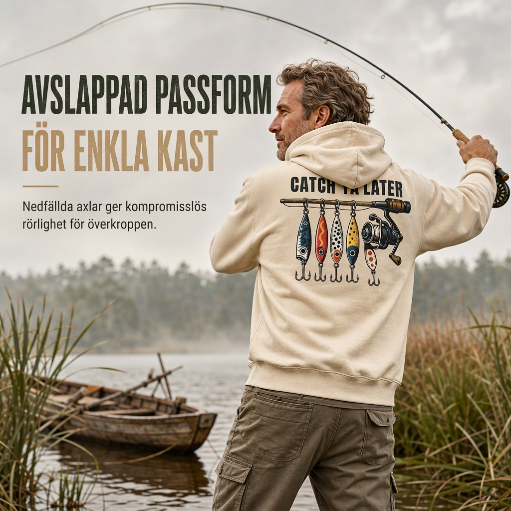 Herr retro fiske-grafisk luvtröja, avslappnad passform, mjuk fleece-sweatshirt i blandad bomull med kängficka