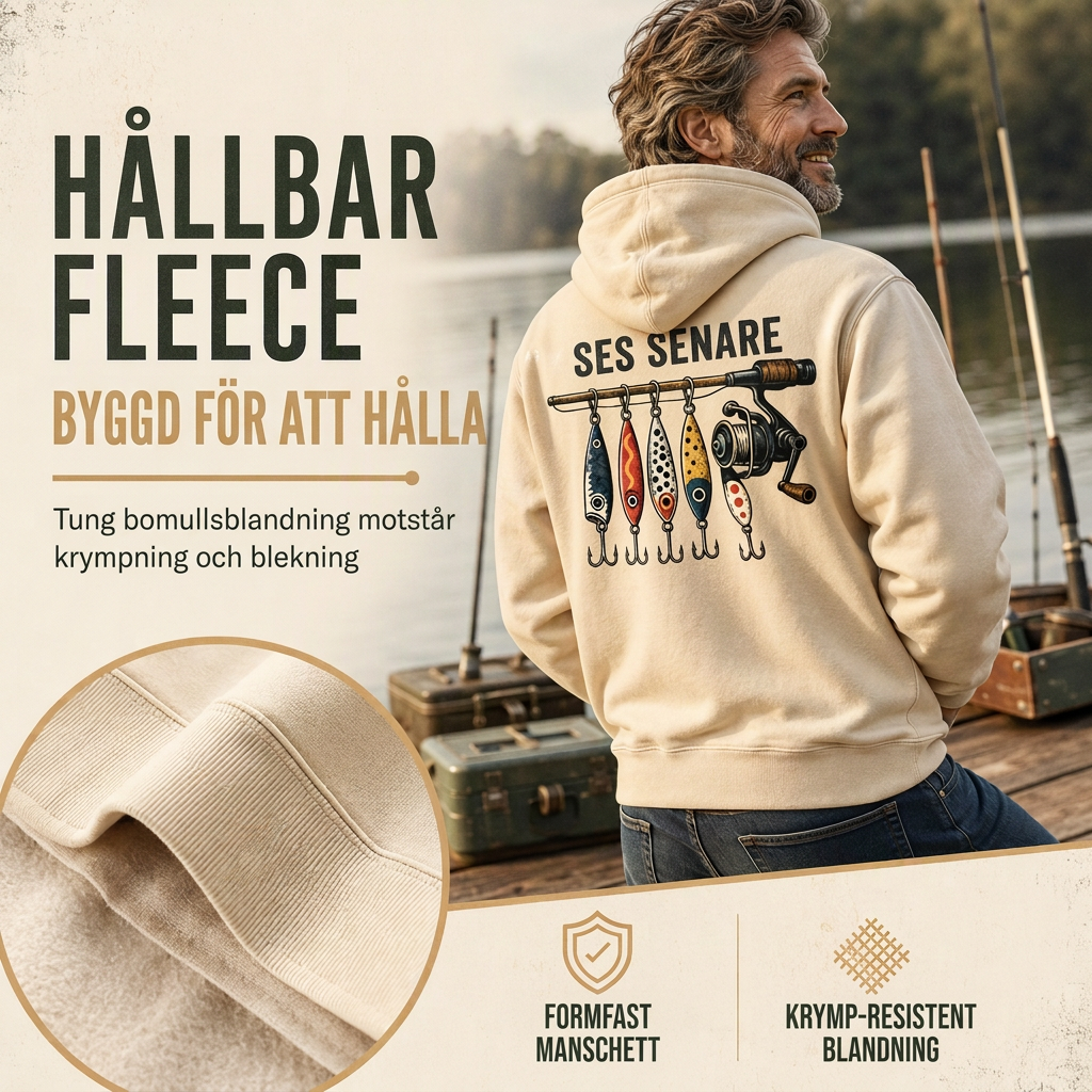 Herr retro fiske-grafisk luvtröja, avslappnad passform, mjuk fleece-sweatshirt i blandad bomull med kängficka