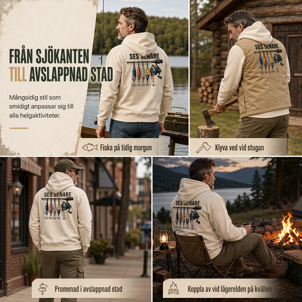 Herr retro fiske-grafisk luvtröja, avslappnad passform, mjuk fleece-sweatshirt i blandad bomull med kängficka