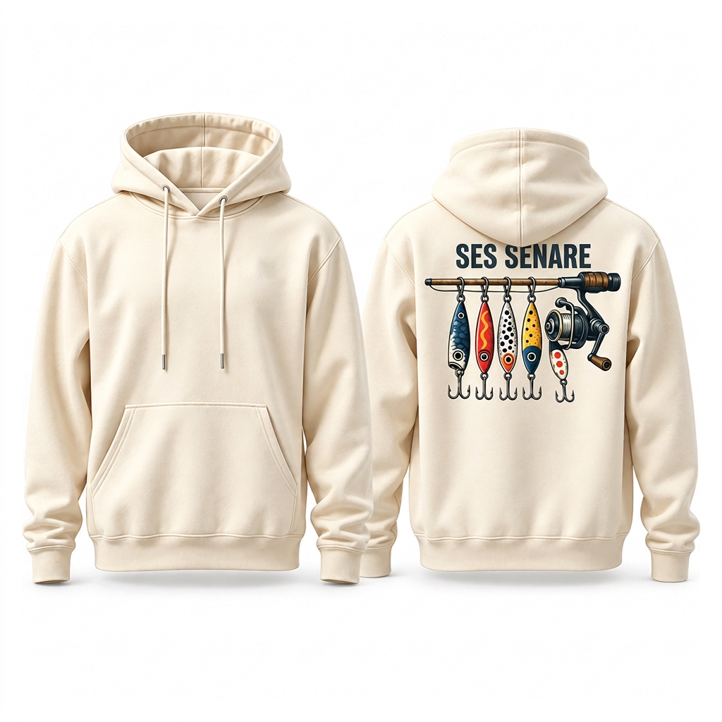 Herr retro fiske-grafisk luvtröja, avslappnad passform, mjuk fleece-sweatshirt i blandad bomull med kängficka