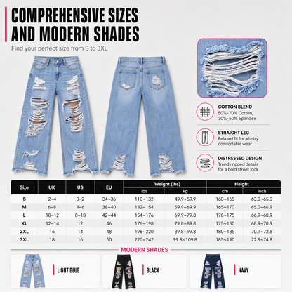 Jeans för damer i slitna, trasiga, raka modeller