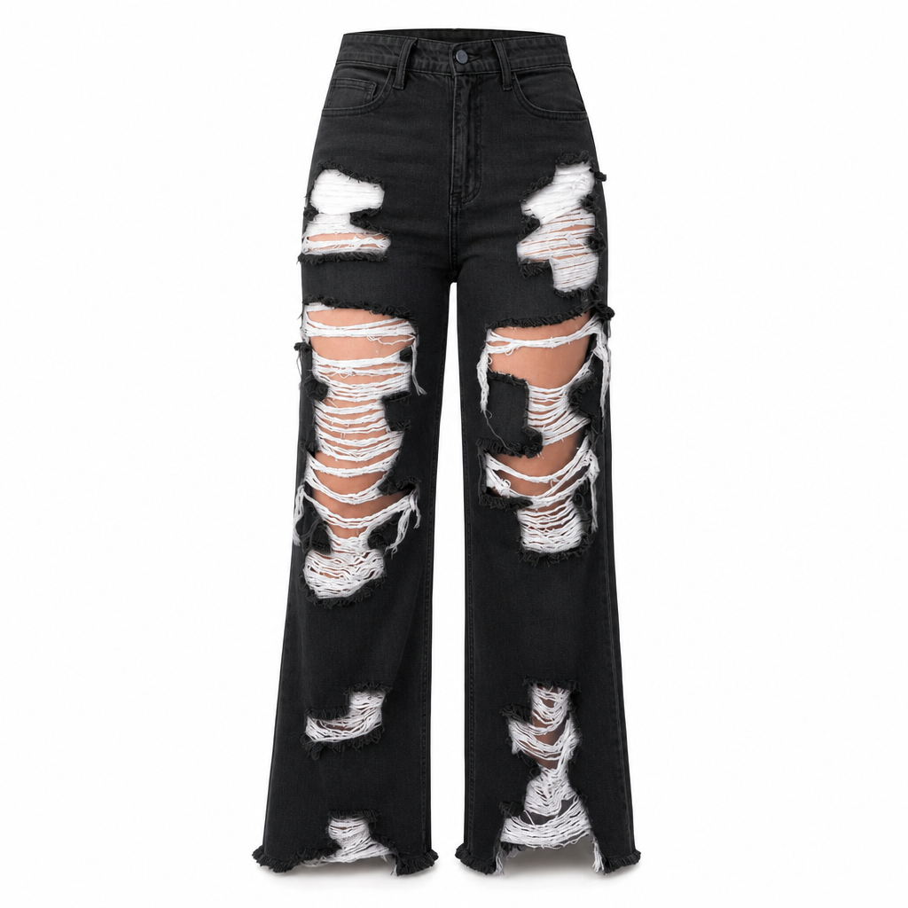 Jeans för damer i slitna, trasiga, raka modeller