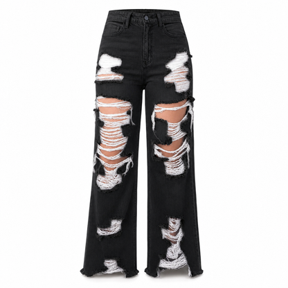 Jeans för damer i slitna, trasiga, raka modeller
