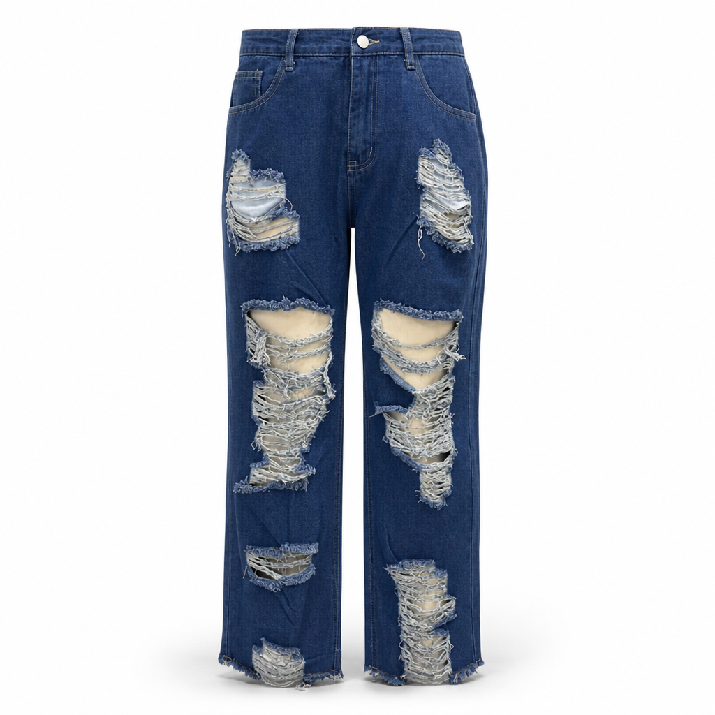 Jeans för damer i slitna, trasiga, raka modeller
