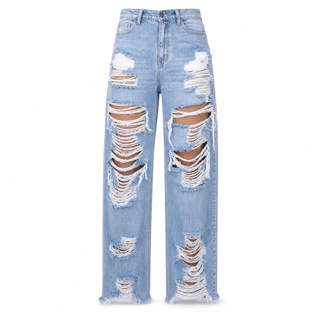 Jeans för damer i slitna, trasiga, raka modeller