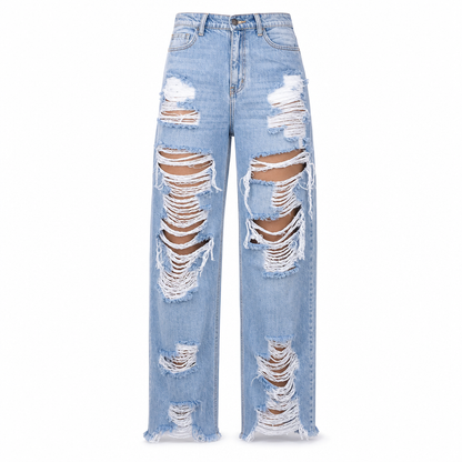 Jeans för damer i slitna, trasiga, raka modeller