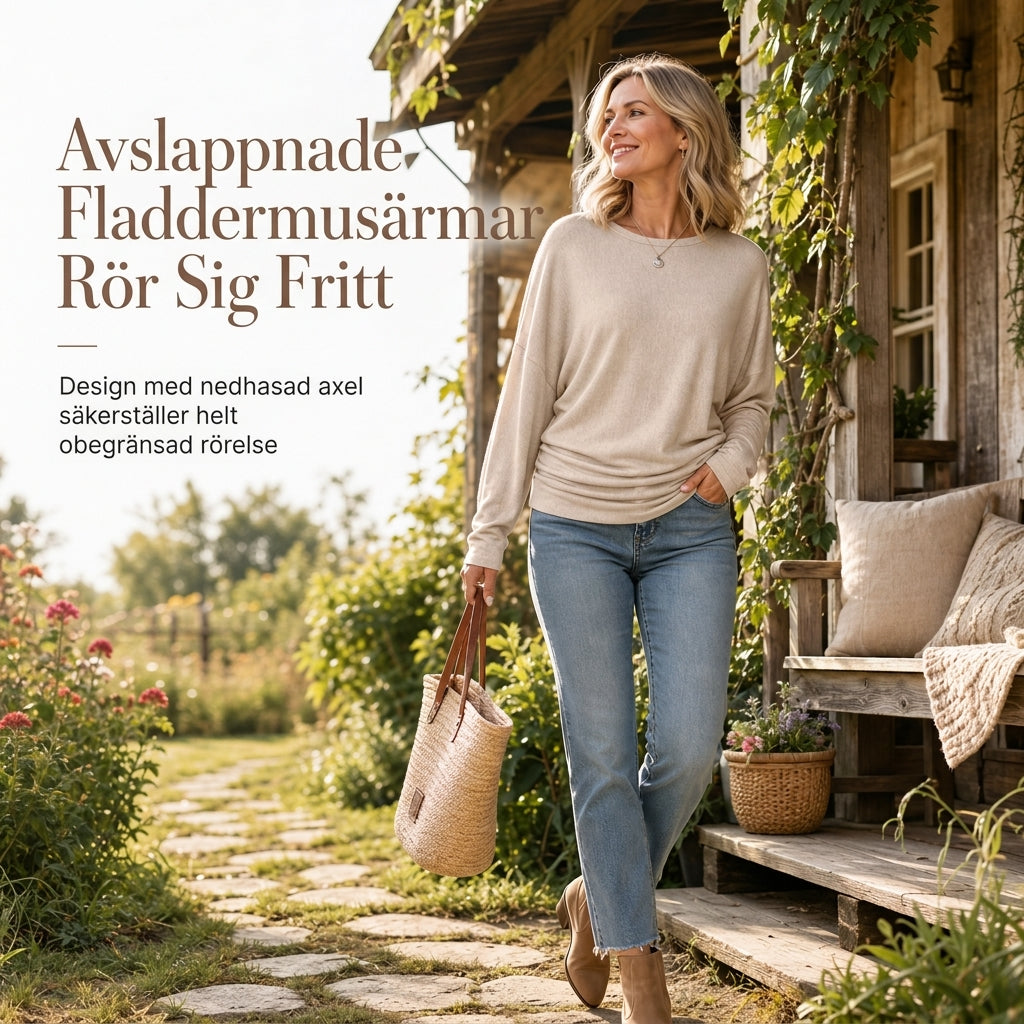 Casuel lös tröja i stickat med rund hals och långa ärmardam, med droppade axlar, fladdermusärmar och rynkdesign i sidorna