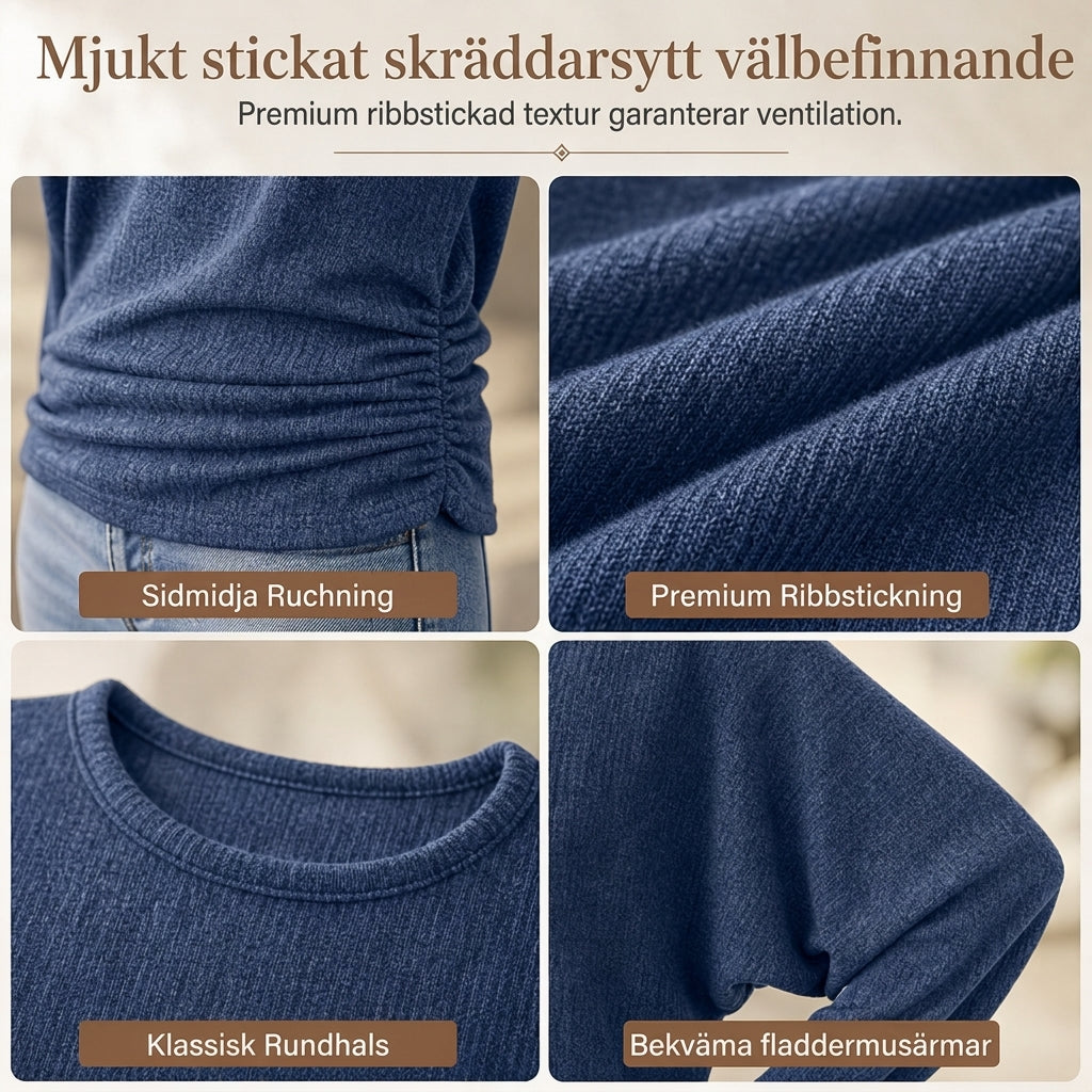 Casuel lös tröja i stickat med rund hals och långa ärmardam, med droppade axlar, fladdermusärmar och rynkdesign i sidorna