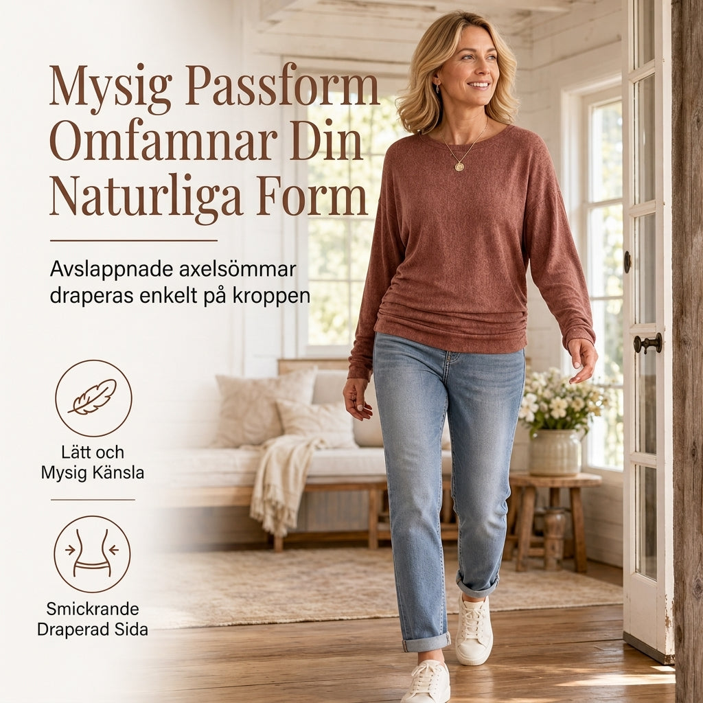 Casuel lös tröja i stickat med rund hals och långa ärmardam, med droppade axlar, fladdermusärmar och rynkdesign i sidorna