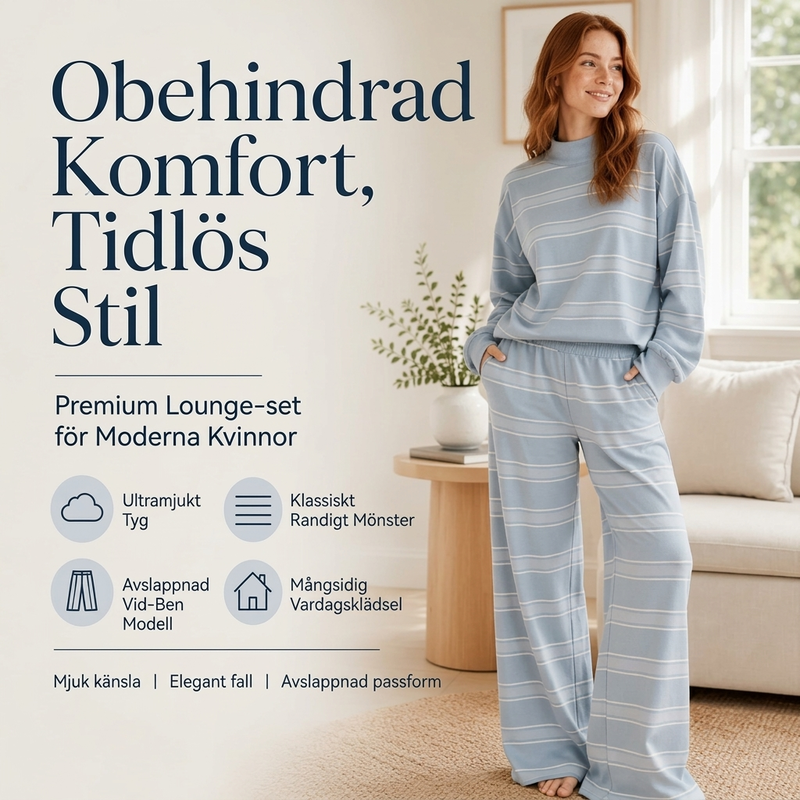 Kvinnlig randig topp med hög krage och byxset med breda ben