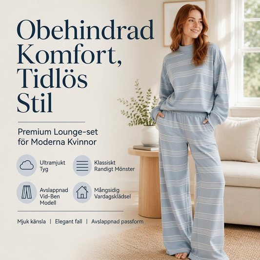 Kvinnlig randig topp med hög krage och byxset med breda ben