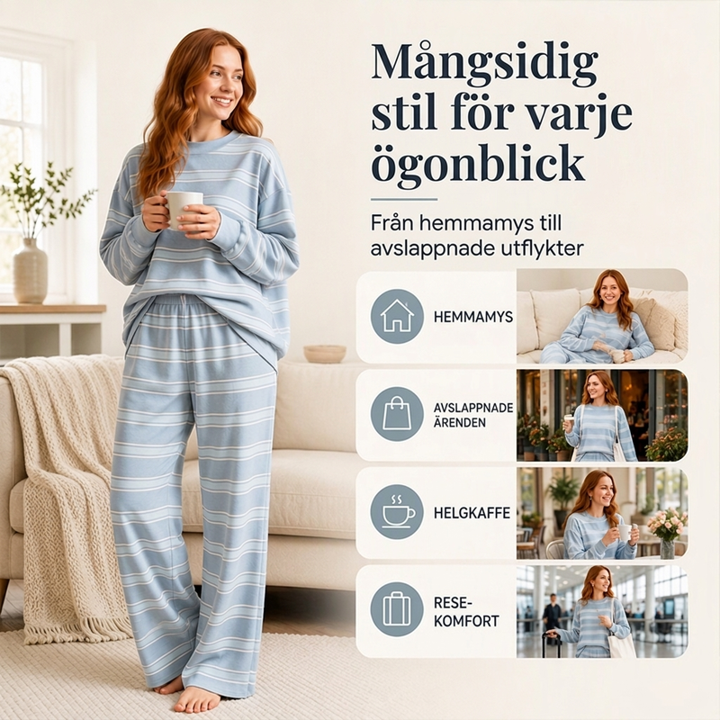 Kvinnlig randig topp med hög krage och byxset med breda ben