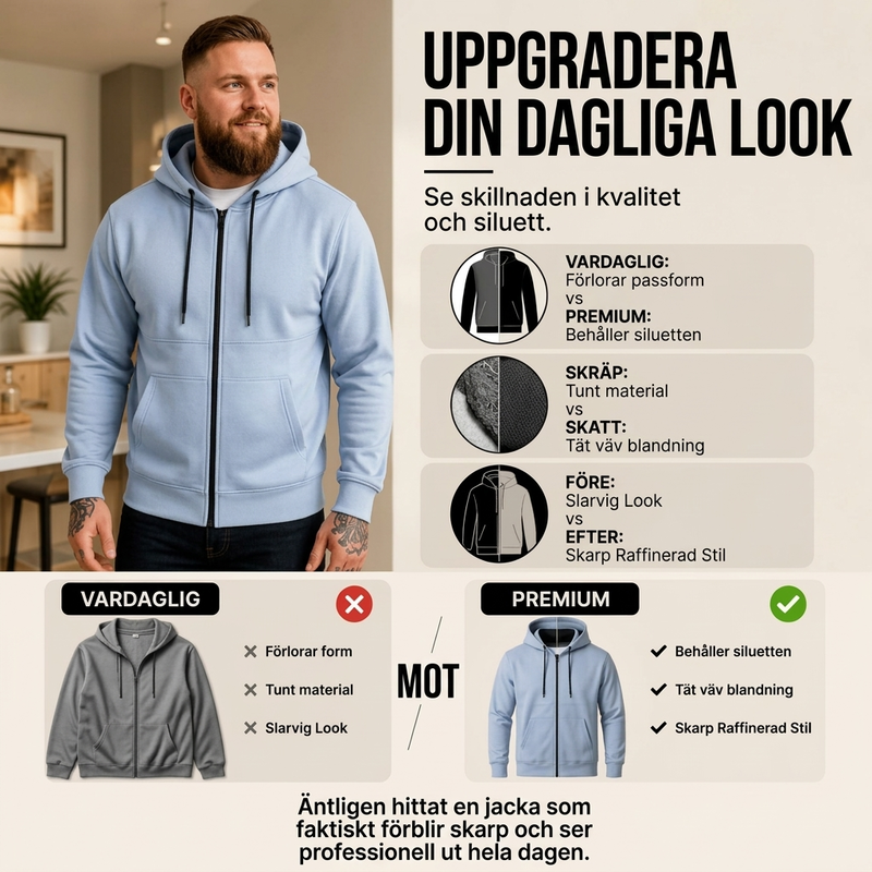 Varm, avslippnad herrjacka med dragkedja och huva