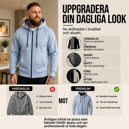 Varm, avslippnad herrjacka med dragkedja och huva