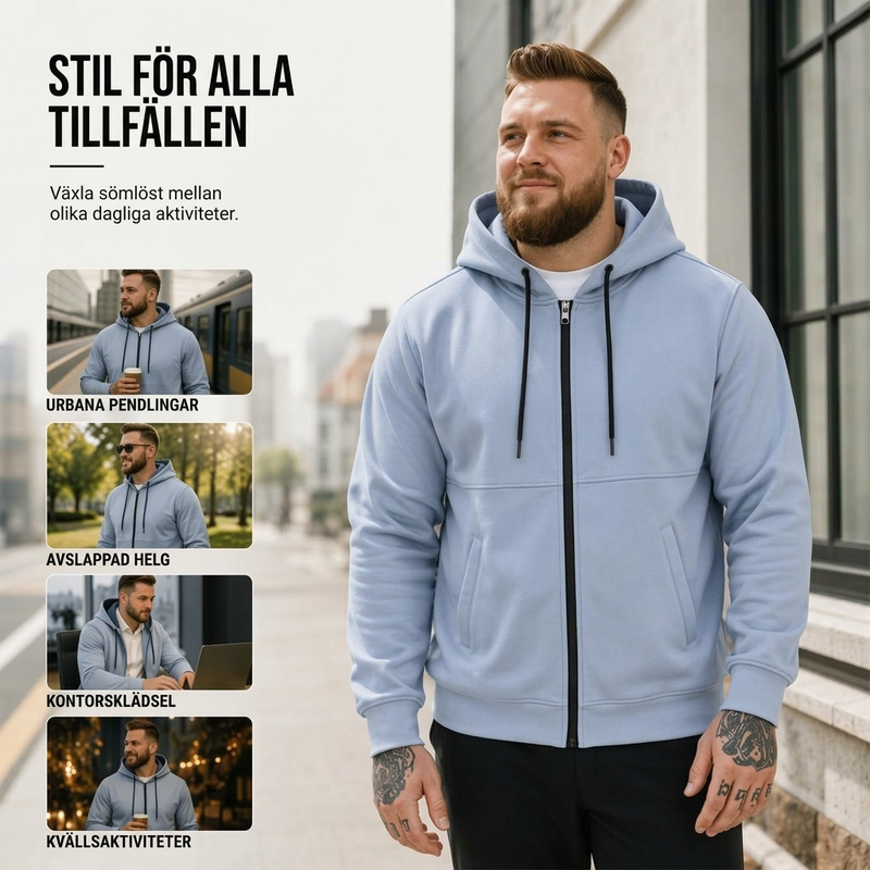 Varm, avslippnad herrjacka med dragkedja och huva