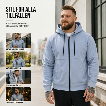 Varm, avslippnad herrjacka med dragkedja och huva