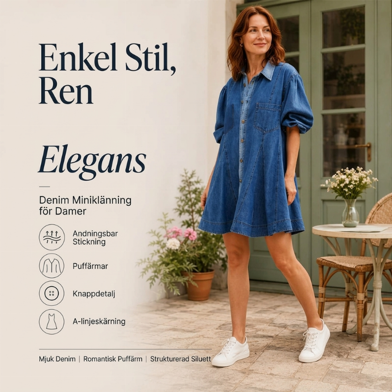 Kvinnors jeansklänning med volymärmar och knäppning framtill – Tidlös, bekväm och elegant i premiumdenim 👗✨