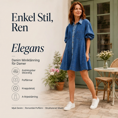 Kvinnors jeansklänning med volymärmar och knäppning framtill – Tidlös, bekväm och elegant i premiumdenim 👗✨
