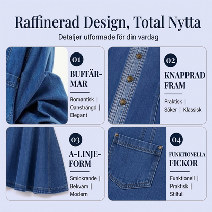Kvinnors jeansklänning med volymärmar och knäppning framtill – Tidlös, bekväm och elegant i premiumdenim 👗✨