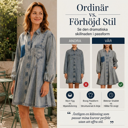 Kvinnors jeansklänning med volymärmar och knäppning framtill – Tidlös, bekväm och elegant i premiumdenim 👗✨