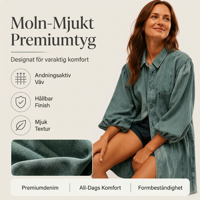 Kvinnors jeansklänning med volymärmar och knäppning framtill – Tidlös, bekväm och elegant i premiumdenim 👗✨