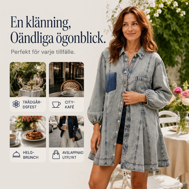 Kvinnors jeansklänning med volymärmar och knäppning framtill – Tidlös, bekväm och elegant i premiumdenim 👗✨