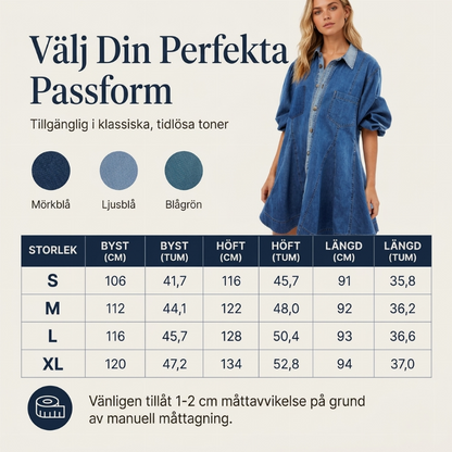 Kvinnors jeansklänning med volymärmar och knäppning framtill – Tidlös, bekväm och elegant i premiumdenim 👗✨