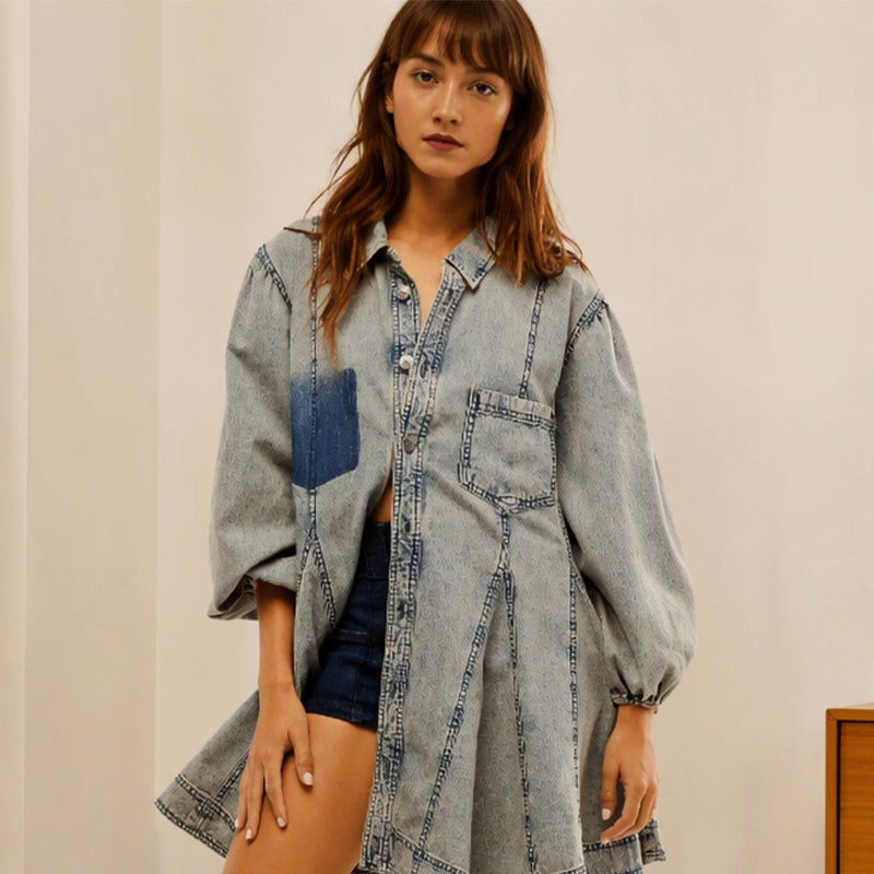 Kvinnors jeansklänning med volymärmar och knäppning framtill – Tidlös, bekväm och elegant i premiumdenim 👗✨